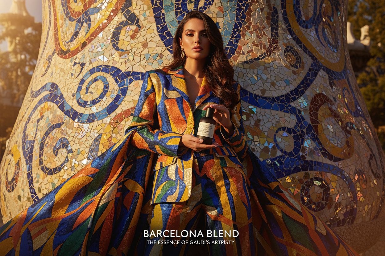 Gaudí mosaic with model perfume banner